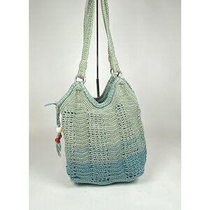 The Sak Ellis Tote Shoulder Bag Purse Crochet Blue Ombre Beaded Tassels